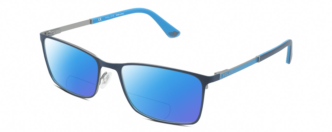 Profile View of Police VPLA46 Designer Polarized Reading Sunglasses with Custom Cut Powered Blue Mirror Lenses in Matte Navy Blue Cyan Silver Unisex Rectangular Full Rim Metal 56 mm