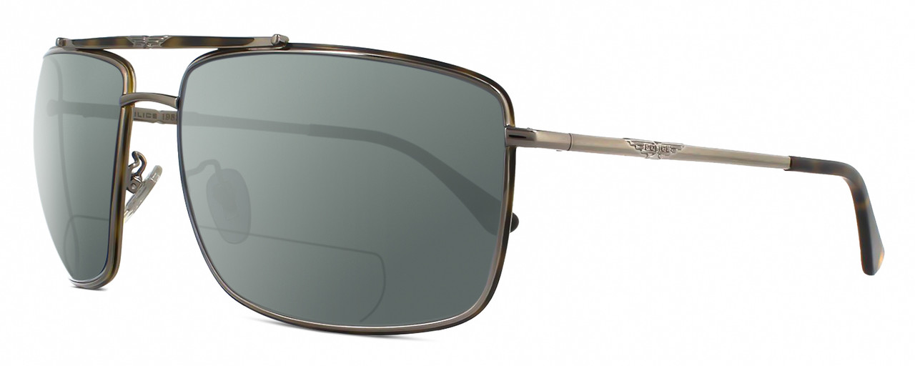 Profile View of Police SPL965 Designer Polarized Reading Sunglasses with Custom Cut Powered Smoke Grey Lenses in Shiny Gunmetal Matte Brown Tortoise Havana Unisex Pilot Full Rim Metal 63 mm