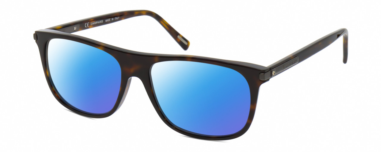 Profile View of Chopard SCH294 Designer Polarized Sunglasses with Custom Cut Blue Mirror Lenses in Gloss Dark Brown Tortoise Havana Gunmetal Unisex Panthos Full Rim Acetate 57 mm