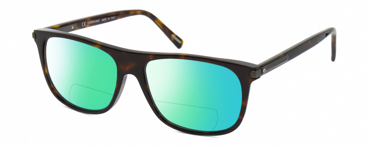 Profile View of Chopard SCH294 Designer Polarized Reading Sunglasses with Custom Cut Powered Green Mirror Lenses in Gloss Dark Brown Tortoise Havana Gunmetal Unisex Panthos Full Rim Acetate 57 mm