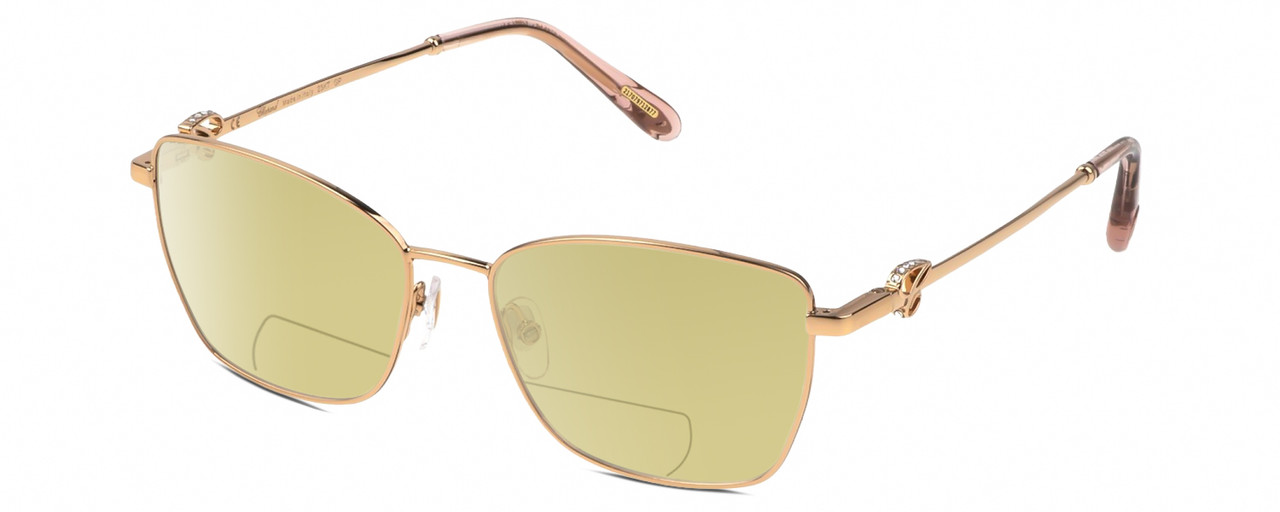 Profile View of Chopard VCHF50S Designer Polarized Reading Sunglasses with Custom Cut Powered Sun Flower Yellow Lenses in 24KT Rose Gold Plated Pink Crystal Silver Gemstone Accents Ladies Cat Eye Full Rim Metal 55 mm