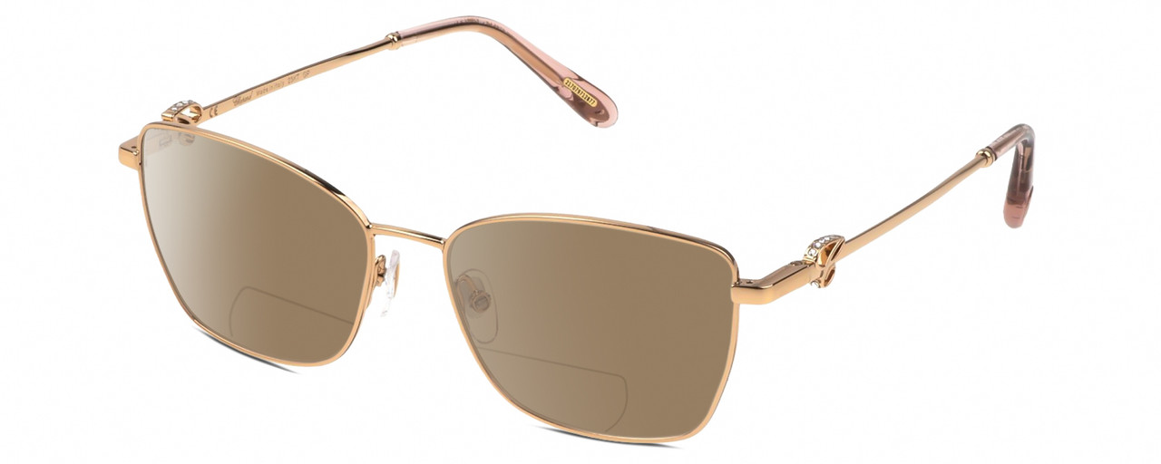 Profile View of Chopard VCHF50S Designer Polarized Reading Sunglasses with Custom Cut Powered Amber Brown Lenses in 24KT Rose Gold Plated Pink Crystal Silver Gemstone Accents Ladies Cat Eye Full Rim Metal 55 mm