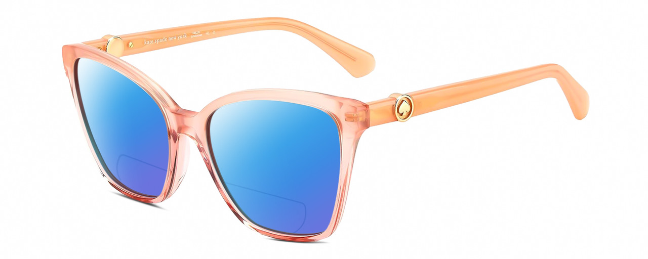 Profile View of Kate Spade AMIYAH/G/S 733 Designer Polarized Reading Sunglasses with Custom Cut Powered Blue Mirror Lenses in Blush Pink Peach Crystal Rose Gold Ladies Cat Eye Full Rim Acetate 56 mm