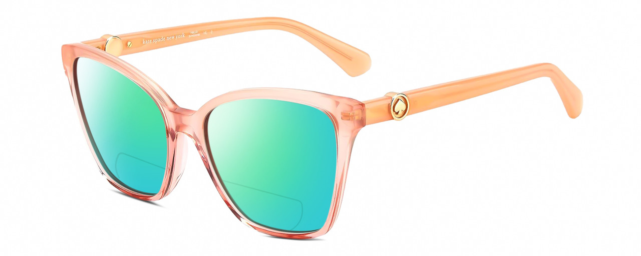 Profile View of Kate Spade AMIYAH/G/S 733 Designer Polarized Reading Sunglasses with Custom Cut Powered Green Mirror Lenses in Blush Pink Peach Crystal Rose Gold Ladies Cat Eye Full Rim Acetate 56 mm