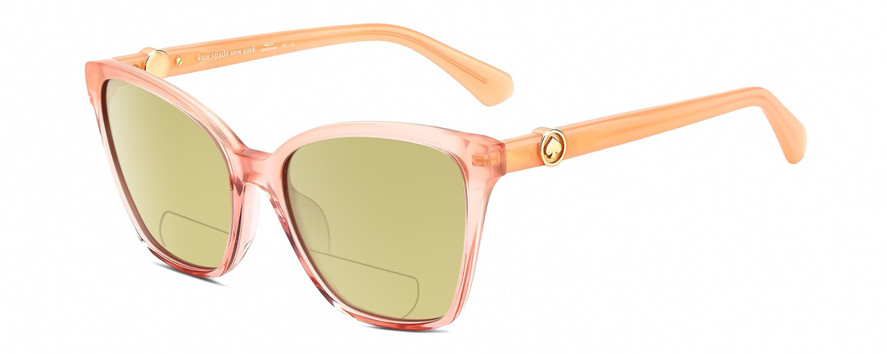 Profile View of Kate Spade AMIYAH/G/S 733 Designer Polarized Reading Sunglasses with Custom Cut Powered Sun Flower Yellow Lenses in Blush Pink Peach Crystal Rose Gold Ladies Cat Eye Full Rim Acetate 56 mm