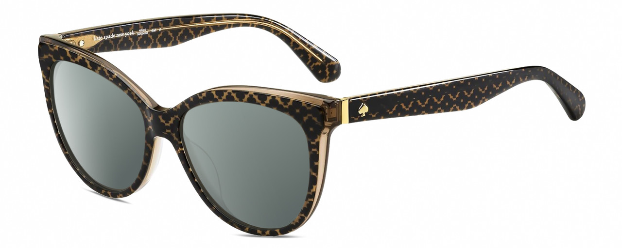 Profile View of Kate Spade DAESHA/S 305 Designer Polarized Sunglasses with Custom Cut Smoke Grey Lenses in Brown Crystal Black Floral Pattern Gold Ladies Cat Eye Full Rim Acetate 56 mm