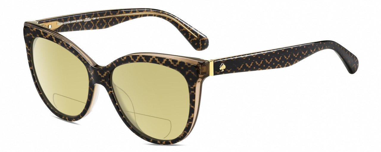 Profile View of Kate Spade DAESHA/S 305 Designer Polarized Reading Sunglasses with Custom Cut Powered Sun Flower Yellow Lenses in Brown Crystal Black Floral Pattern Gold Ladies Cat Eye Full Rim Acetate 56 mm