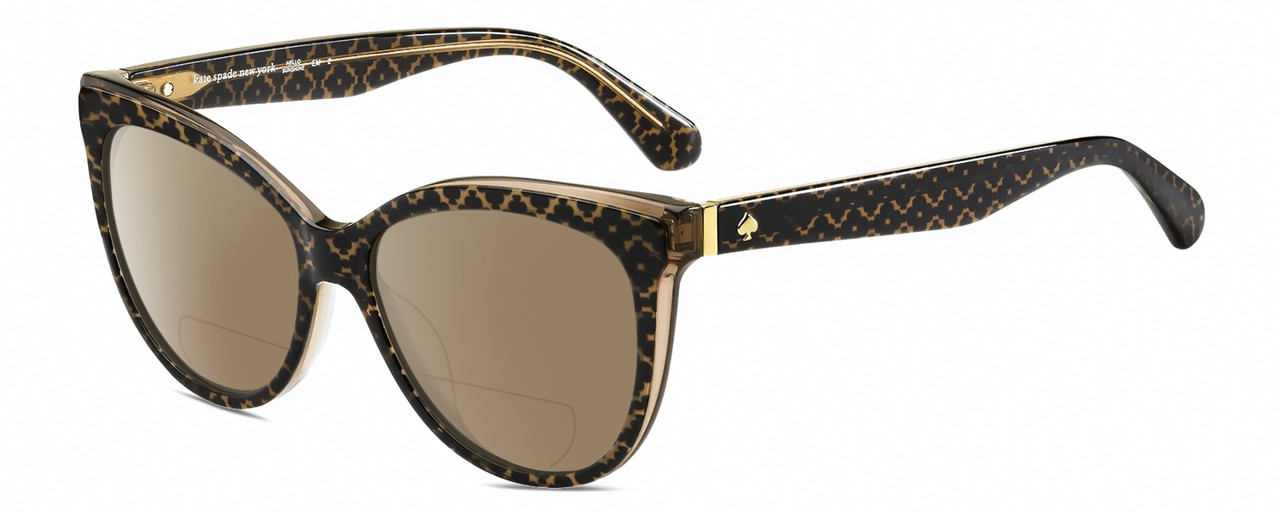 Profile View of Kate Spade DAESHA/S 305 Designer Polarized Reading Sunglasses with Custom Cut Powered Amber Brown Lenses in Brown Crystal Black Floral Pattern Gold Ladies Cat Eye Full Rim Acetate 56 mm