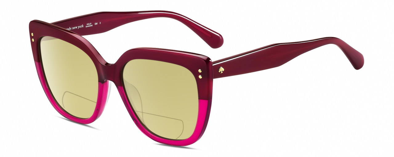 Profile View of Kate Spade KIYANNA/S LHF Designer Polarized Reading Sunglasses with Custom Cut Powered Sun Flower Yellow Lenses in Burgundy Red Crystal Ladies Cat Eye Full Rim Acetate 55 mm