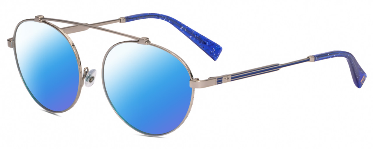 Profile View of Elton John DREAMER 3 Designer Polarized Sunglasses with Custom Cut Blue Mirror Lenses in Platinum Silver Cobalt Blue Glitter Unisex Round Full Rim Metal 54 mm