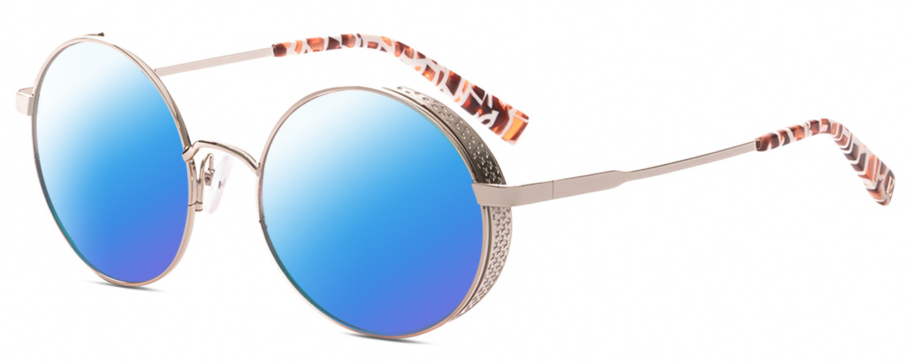 Profile View of Elton John HIPPIE Designer Polarized Sunglasses with Custom Cut Blue Mirror Lenses in Silver White Pink Mosaic Pattern Unisex Round Full Rim Stainless Steel 54 mm