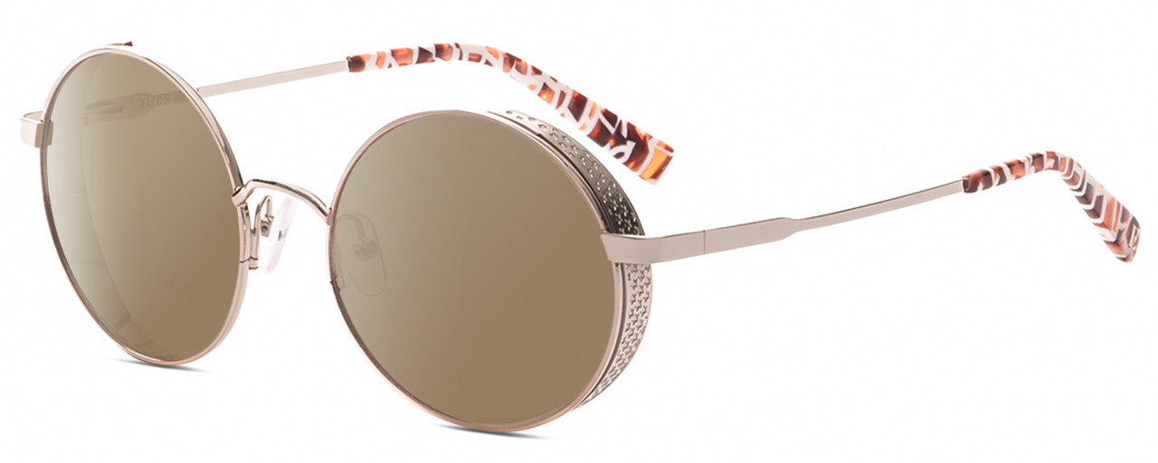 Profile View of Elton John HIPPIE Designer Polarized Sunglasses with Custom Cut Amber Brown Lenses in Silver White Pink Mosaic Pattern Unisex Round Full Rim Stainless Steel 54 mm