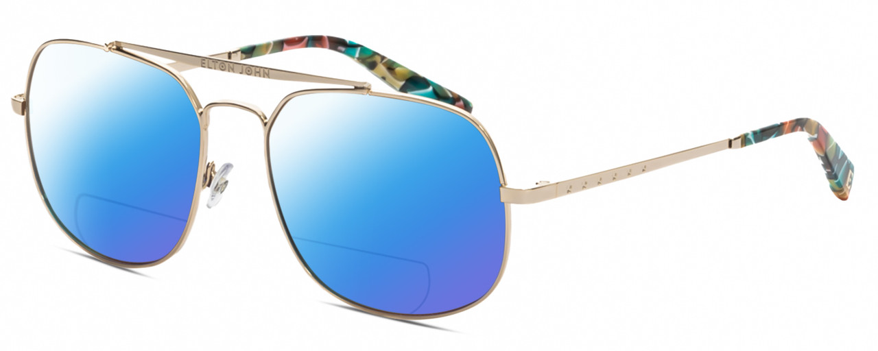 Profile View of Elton John LEMANS 1 Designer Polarized Reading Sunglasses with Custom Cut Powered Blue Mirror Lenses in Gold Red Blue Psychedelic Rainbow Multicolor Unisex Pilot Full Rim Metal 57 mm