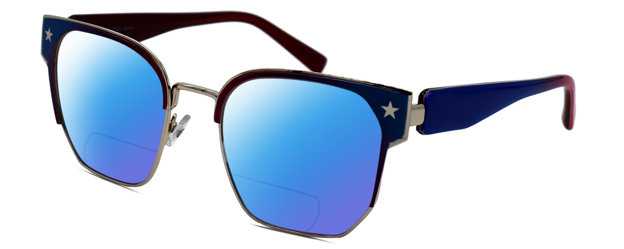 Profile View of Elton John SHERBET 1 Designer Polarized Reading Sunglasses with Custom Cut Powered Blue Mirror Lenses in Blue Red Pink Fade Gold Unisex Cat Eye Full Rim Metal 53 mm