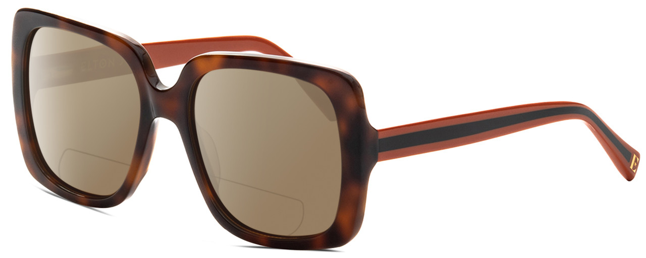 Profile View of Elton John SUPERSTAR Designer Polarized Reading Sunglasses with Custom Cut Powered Amber Brown Lenses in Tortoise Havana Brown Orange Black Stripe Ladies Square Full Rim Acetate 55 mm