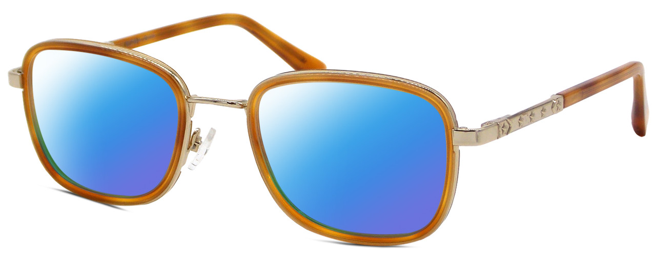 Profile View of Elton John TRIO Designer Polarized Sunglasses with Custom Cut Blue Mirror Lenses in Amber Brown Crystal Gold Unisex Oval Full Rim Acetate 51 mm