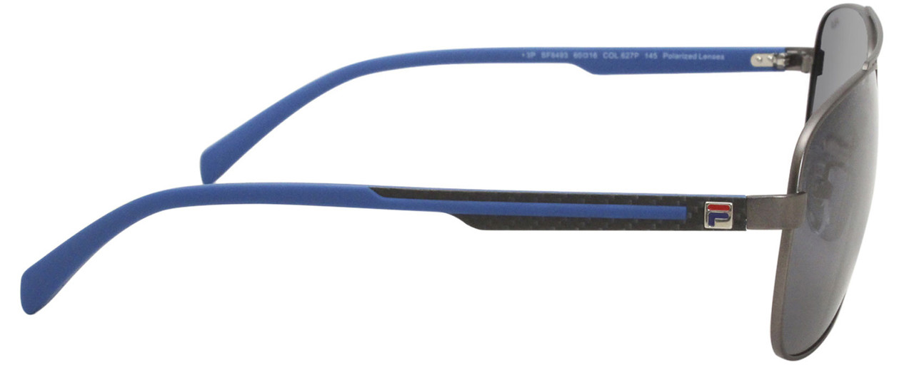 Side View of FILA SF8493 Unisex Aviator Sunglasses Gun Metal Silver Blue/Polarized Grey 60 mm