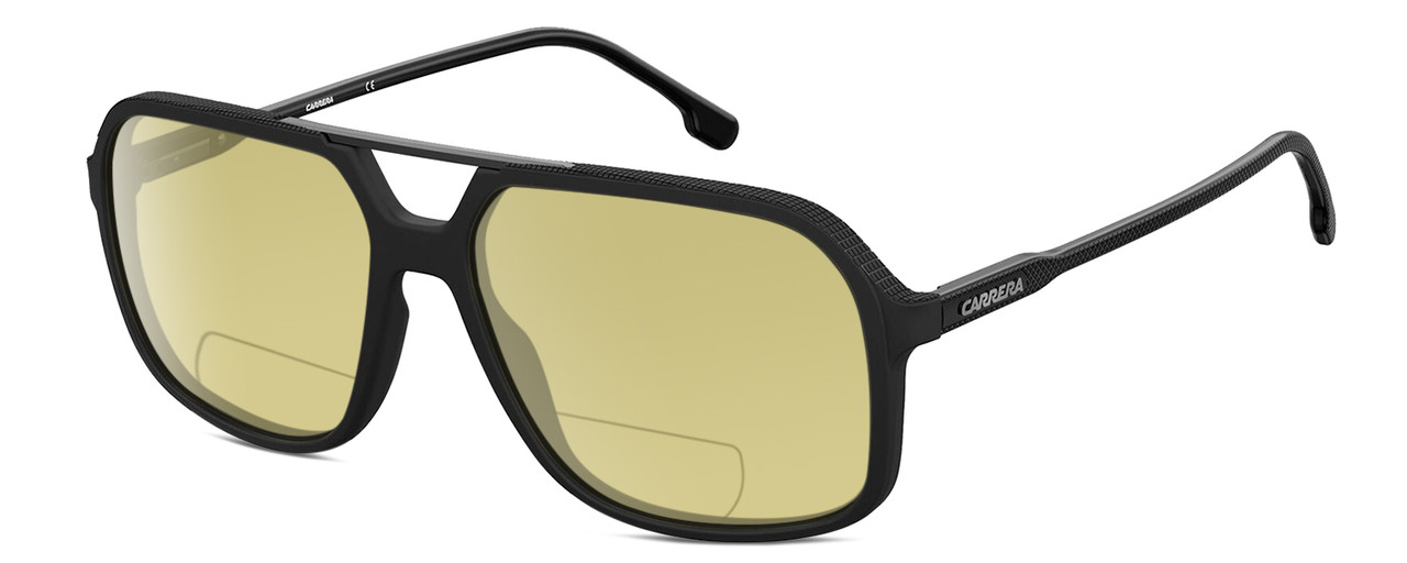 Profile View of Carrera 229-S-0807 Designer Polarized Reading Sunglasses with Custom Cut Powered Sun Flower Yellow Lenses in Matte Black Gunmetal Unisex Square Full Rim Acetate 59 mm