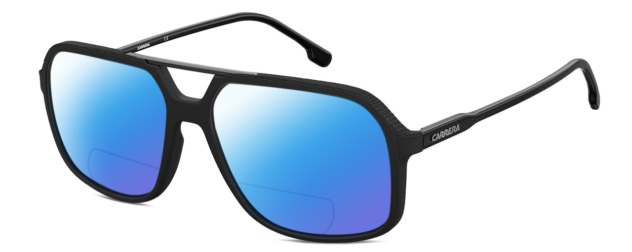 Profile View of Carrera 229-S-0807 Designer Polarized Reading Sunglasses with Custom Cut Powered Blue Mirror Lenses in Matte Black Gunmetal Unisex Square Full Rim Acetate 59 mm