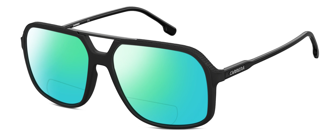 Profile View of Carrera 229-S-0807 Designer Polarized Reading Sunglasses with Custom Cut Powered Green Mirror Lenses in Matte Black Gunmetal Unisex Square Full Rim Acetate 59 mm