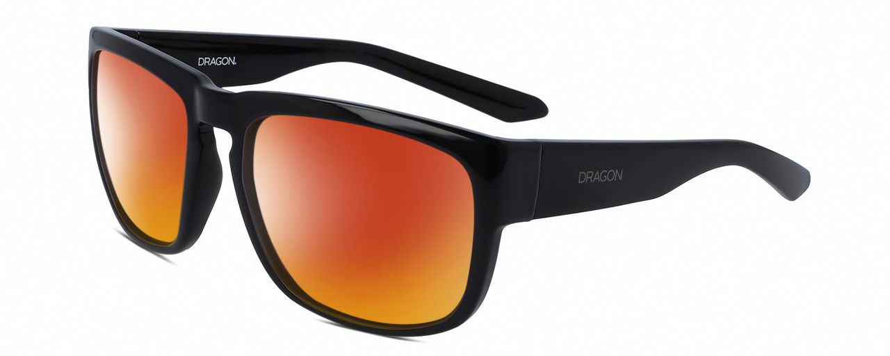Profile View of Dragon Alliance RUNE-001 Designer Polarized Sunglasses with Custom Cut Red Mirror Lenses in Gloss Black Unisex Square Full Rim Acetate 58 mm