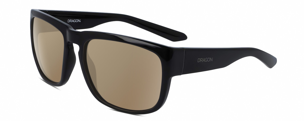 Profile View of Dragon Alliance RUNE-001 Designer Polarized Sunglasses with Custom Cut Amber Brown Lenses in Gloss Black Unisex Square Full Rim Acetate 58 mm