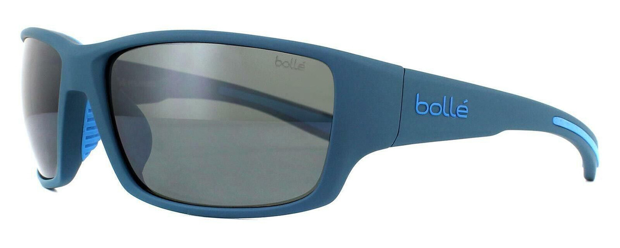 Profile View of Bolle KAYMAN Unisex Designer Sunglasses in Matte Storm Blue/Polarized Grey 60 mm