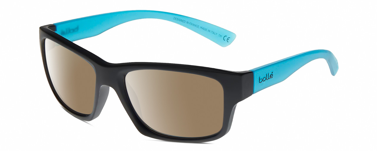 Profile View of Bolle HOLMAN Designer Polarized Sunglasses with Custom Cut Amber Brown Lenses in Matte Black Sapphire Blue Crystal Unisex Rectangular Full Rim Acetate 58 mm