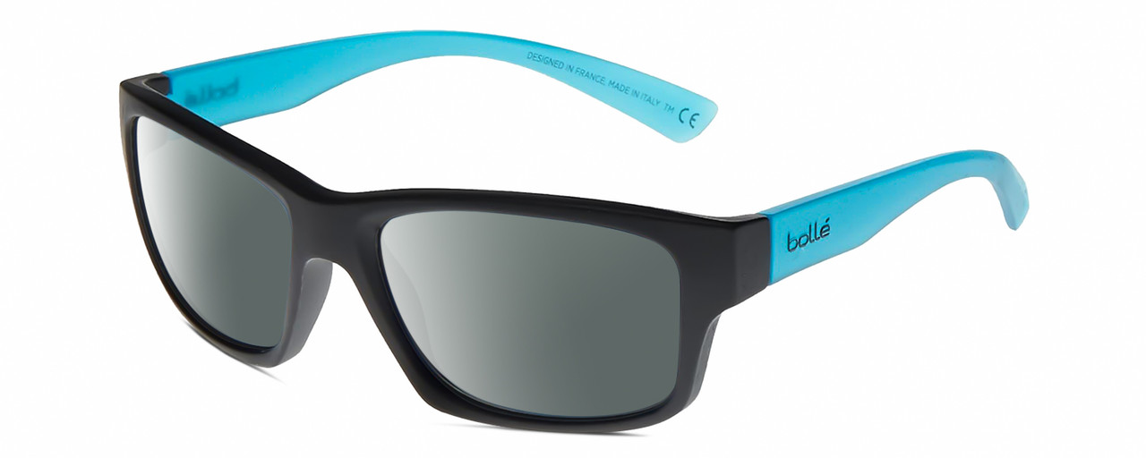 Profile View of Bolle HOLMAN Designer Polarized Sunglasses with Custom Cut Smoke Grey Lenses in Matte Black Sapphire Blue Crystal Unisex Rectangular Full Rim Acetate 58 mm