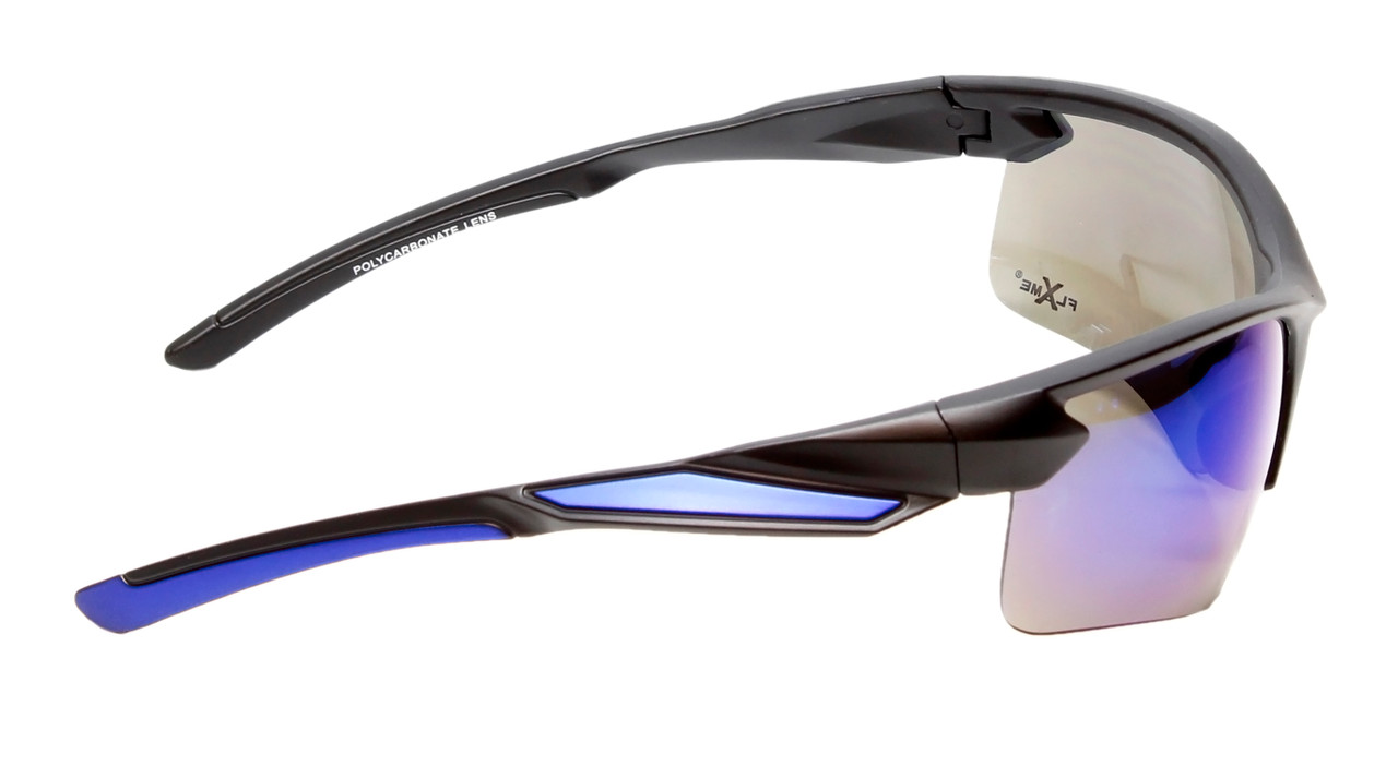 Side View of Calabria Half Volley Unisex Men's Womens POLARIZED Pickleball Sunglasses Glasses in Matte Black Metallic Blue Frame with Blue Mirror Lens