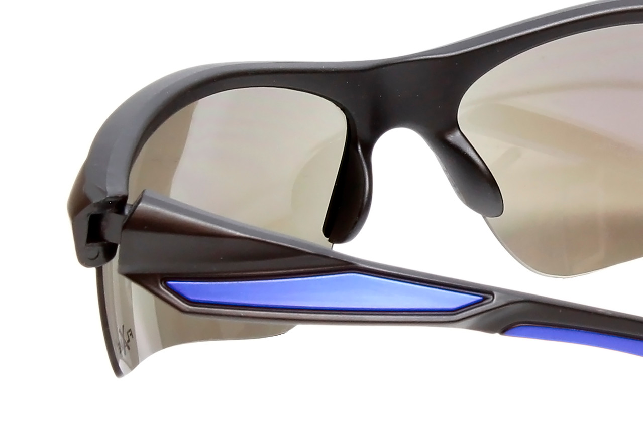 Close Up View of Calabria Half Volley Unisex Men's Womens POLARIZED Pickleball Sunglasses Glasses in Matte Black Metallic Blue Frame with Blue Mirror Lens