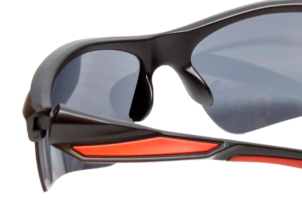 Close Up View of Calabria Half Volley Unisex Men's Womens POLARIZED Pickleball Sunglasses Glasses in Matte Black Metallic Red Frame with Smoke Grey Lens