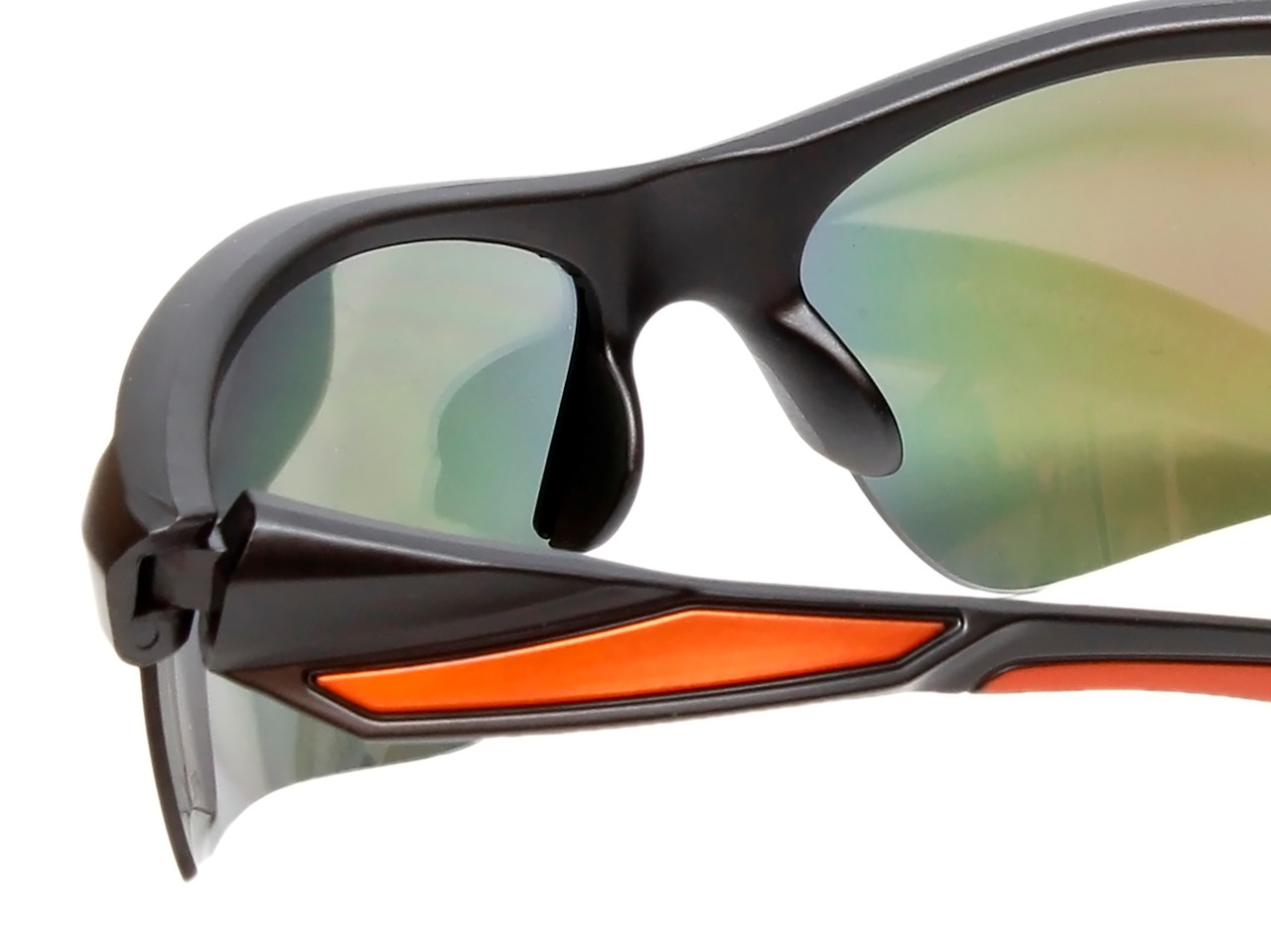 Close Up View of Calabria Half Volley Unisex Men's Womens POLARIZED Pickleball Sunglasses Glasses in Matte Black Metallic Orange Frame with Red Mirror Lens