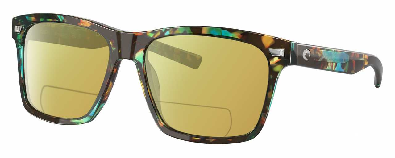 Profile View of Costa Del Mar Aransas Designer Polarized Reading Sunglasses with Custom Cut Powered Sun Flower Yellow Lenses in Shiny Ocean Blue Green Brown Tortoise Havana Unisex Square Full Rim Acetate 58 mm