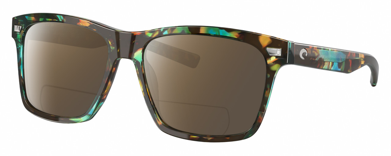 Profile View of Costa Del Mar Aransas Designer Polarized Reading Sunglasses with Custom Cut Powered Amber Brown Lenses in Shiny Ocean Blue Green Brown Tortoise Havana Unisex Square Full Rim Acetate 58 mm
