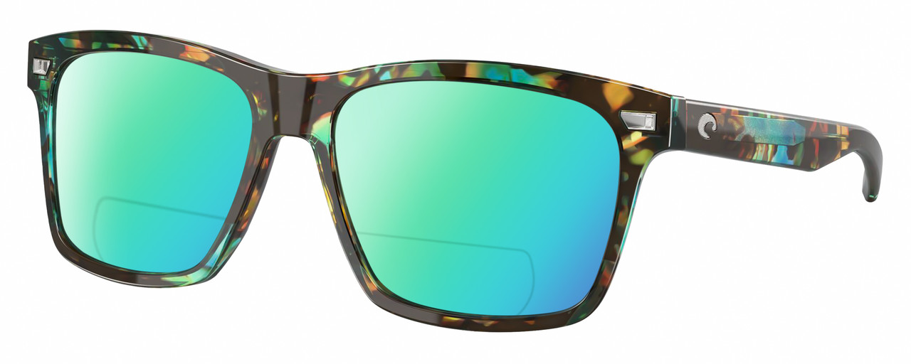 Profile View of Costa Del Mar Aransas Designer Polarized Reading Sunglasses with Custom Cut Powered Green Mirror Lenses in Shiny Ocean Blue Green Brown Tortoise Havana Unisex Square Full Rim Acetate 58 mm