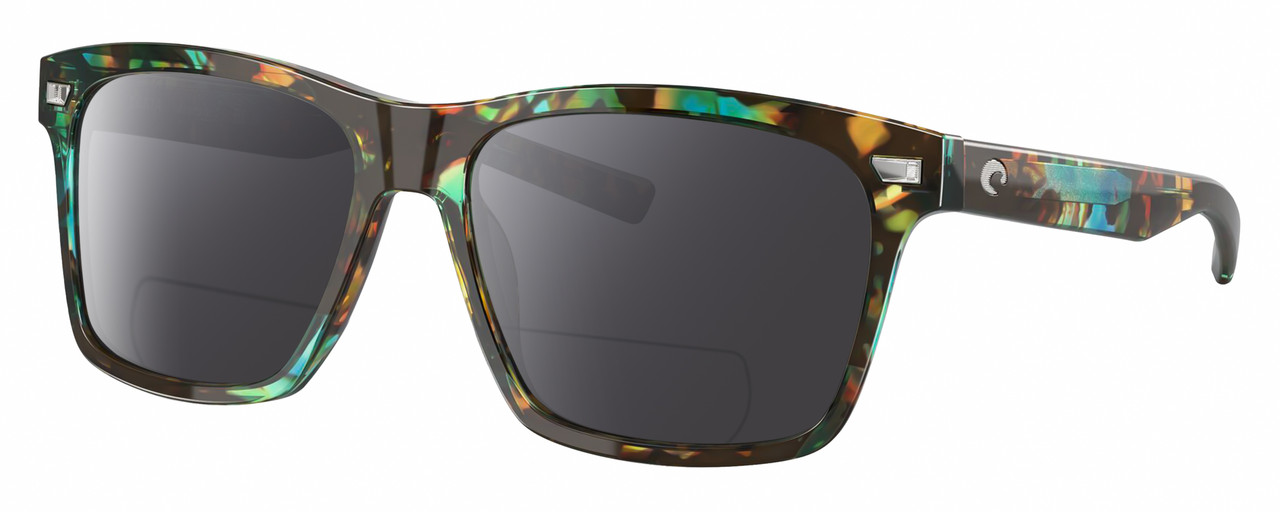 Profile View of Costa Del Mar Aransas Designer Polarized Reading Sunglasses with Custom Cut Powered Smoke Grey Lenses in Shiny Ocean Blue Green Brown Tortoise Havana Unisex Square Full Rim Acetate 58 mm