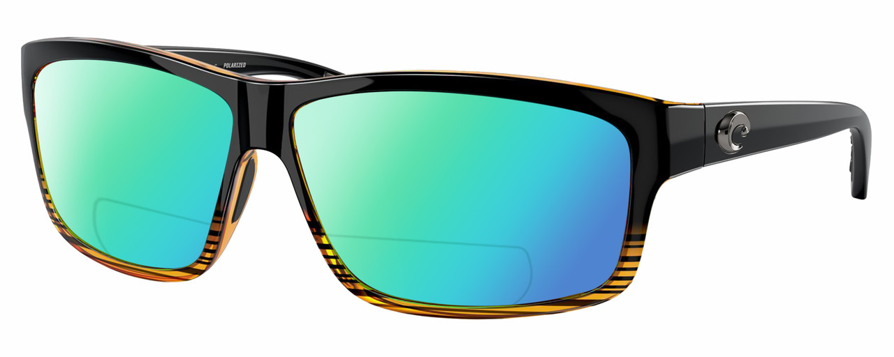 Profile View of Costa Del Mar Cut Designer Polarized Reading Sunglasses with Custom Cut Powered Green Mirror Lenses in Gloss Black Orange Crystal Brown Stripes Coconut Fade Unisex Rectangular Full Rim Acetate 60 mm