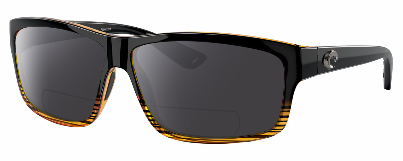 Profile View of Costa Del Mar Cut Designer Polarized Reading Sunglasses with Custom Cut Powered Smoke Grey Lenses in Gloss Black Orange Crystal Brown Stripes Coconut Fade Unisex Rectangular Full Rim Acetate 60 mm