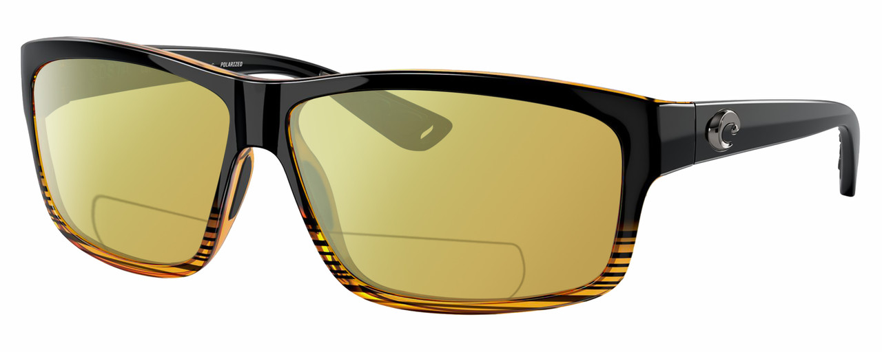 Profile View of Costa Del Mar Cut Designer Polarized Reading Sunglasses with Custom Cut Powered Sun Flower Yellow Lenses in Gloss Black Orange Crystal Brown Stripes Coconut Fade Unisex Rectangular Full Rim Acetate 60 mm