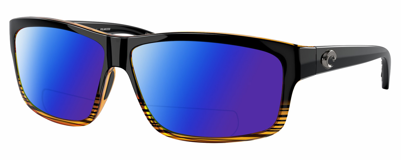 Profile View of Costa Del Mar Cut Designer Polarized Reading Sunglasses with Custom Cut Powered Blue Mirror Lenses in Gloss Black Orange Crystal Brown Stripes Coconut Fade Unisex Rectangular Full Rim Acetate 60 mm