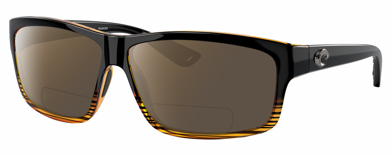 Profile View of Costa Del Mar Cut Designer Polarized Reading Sunglasses with Custom Cut Powered Amber Brown Lenses in Gloss Black Orange Crystal Brown Stripes Coconut Fade Unisex Rectangular Full Rim Acetate 60 mm