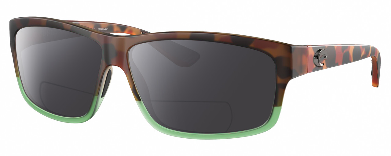 Profile View of Costa Del Mar Cut Designer Polarized Reading Sunglasses with Custom Cut Powered Smoke Grey Lenses in Matte Brown Tortoise Havana Green Tortuga Fade Unisex Rectangular Full Rim Acetate 60 mm
