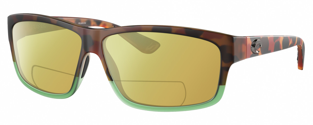 Profile View of Costa Del Mar Cut Designer Polarized Reading Sunglasses with Custom Cut Powered Sun Flower Yellow Lenses in Matte Brown Tortoise Havana Green Tortuga Fade Unisex Rectangular Full Rim Acetate 60 mm