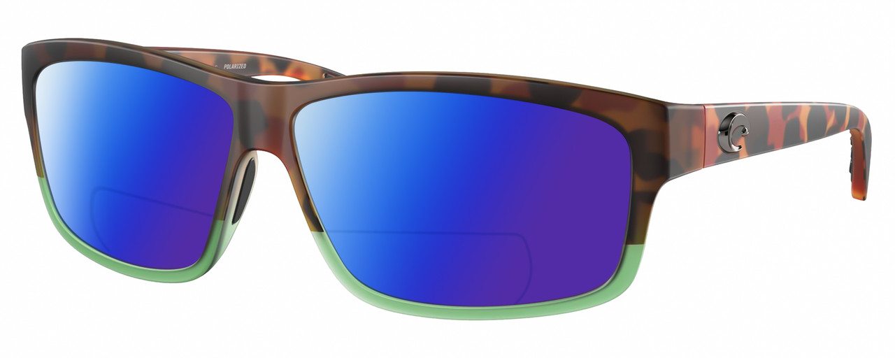 Profile View of Costa Del Mar Cut Designer Polarized Reading Sunglasses with Custom Cut Powered Blue Mirror Lenses in Matte Brown Tortoise Havana Green Tortuga Fade Unisex Rectangular Full Rim Acetate 60 mm