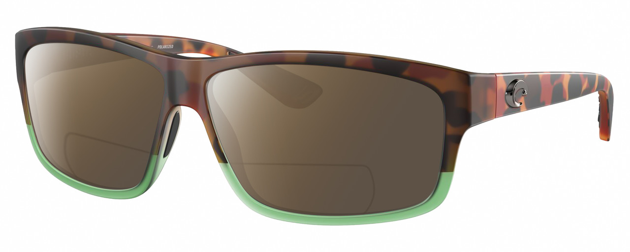Profile View of Costa Del Mar Cut Designer Polarized Reading Sunglasses with Custom Cut Powered Amber Brown Lenses in Matte Brown Tortoise Havana Green Tortuga Fade Unisex Rectangular Full Rim Acetate 60 mm