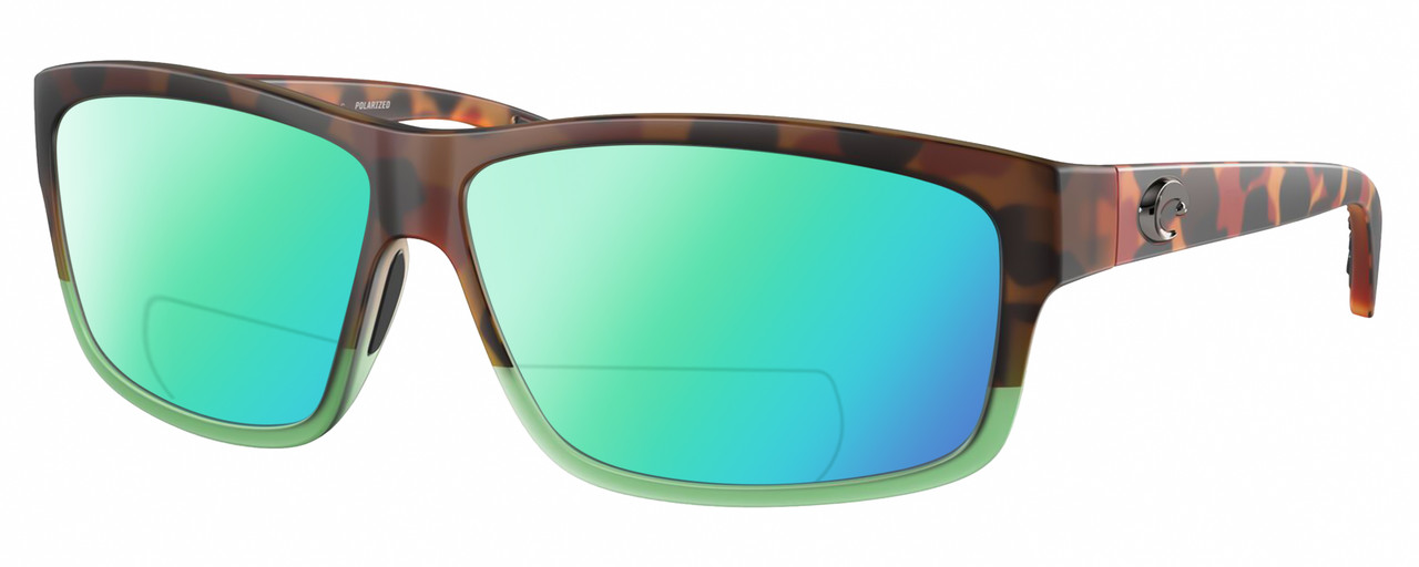 Profile View of Costa Del Mar Cut Designer Polarized Reading Sunglasses with Custom Cut Powered Green Mirror Lenses in Matte Brown Tortoise Havana Green Tortuga Fade Unisex Rectangular Full Rim Acetate 60 mm