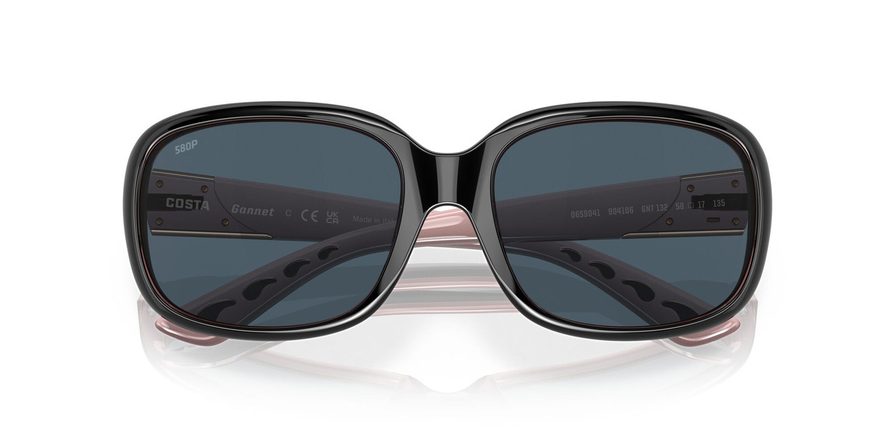 Close Up View of Costa Del Mar Gannet Women's Sunglasses Black Rose Gold/Polarized Gray 580P 58mm