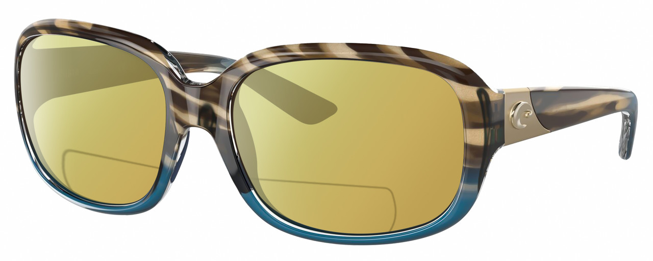 Profile View of Costa Del Mar Gannet Designer Polarized Reading Sunglasses with Custom Cut Powered Sun Flower Yellow Lenses in Shiny Brown Clear Blue Crystal Wahoo Gold Ladies Square Full Rim Acetate 58 mm