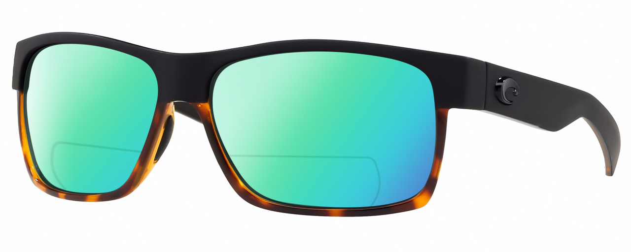 Profile View of Costa Del Mar Half Moon Designer Polarized Reading Sunglasses with Custom Cut Powered Green Mirror Lenses in Matte Black Shiny Tortoise Havana Unisex Rectangular Full Rim Acetate 60 mm